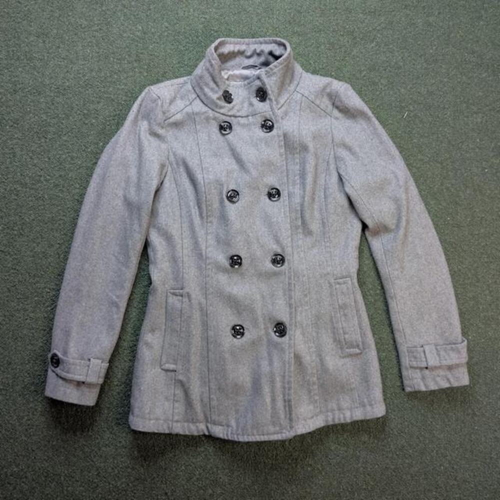 GUESS Womens Double Breasted Peacoat Stand Collar Flap Pockets Grey S